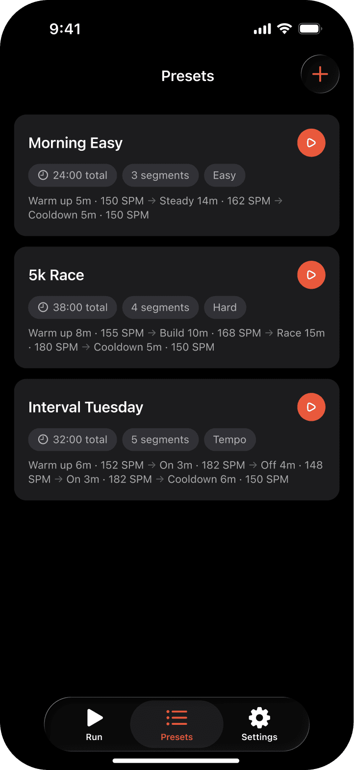 Beto dark mode preset list with saved running sessions