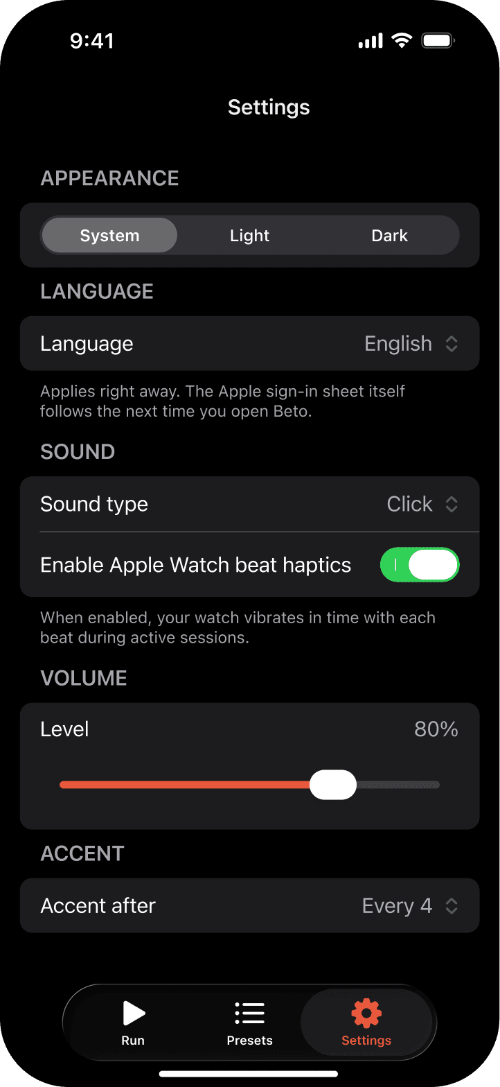 Beto dark mode settings screen with appearance, language, sound and haptic controls