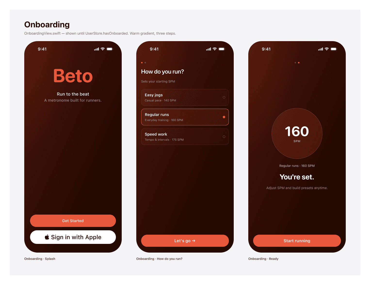 Beto onboarding screens: introduction, running style choice and 160 SPM confirmation