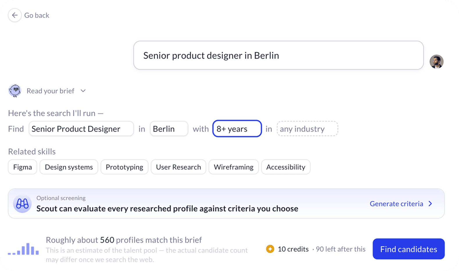 Review screen showing a senior product designer search in Berlin with parsed chips, related skills, optional screening, and a candidate estimate