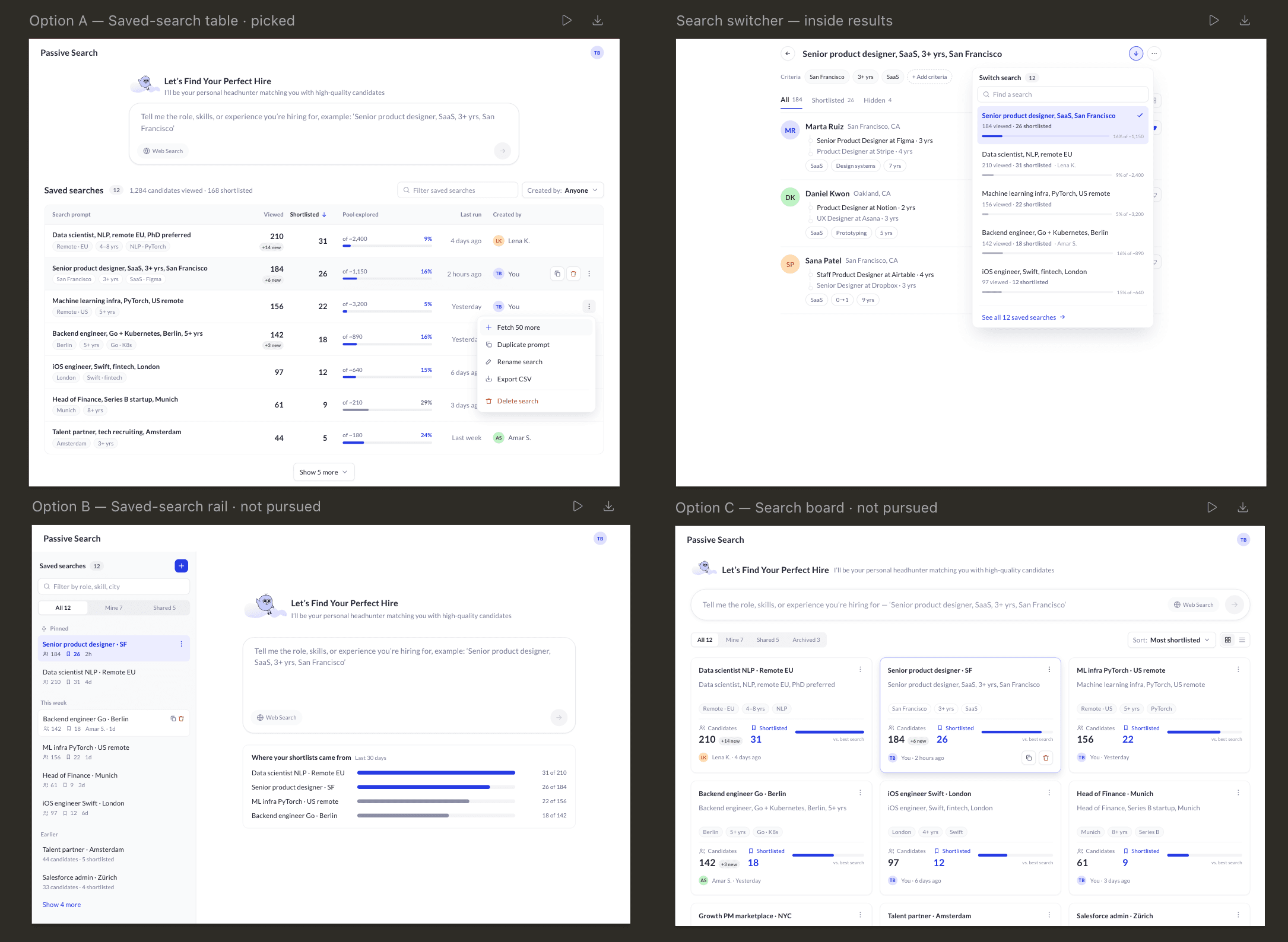 Four landing-screen directions showing a saved-search table, search switcher, saved-search rail, and search board
