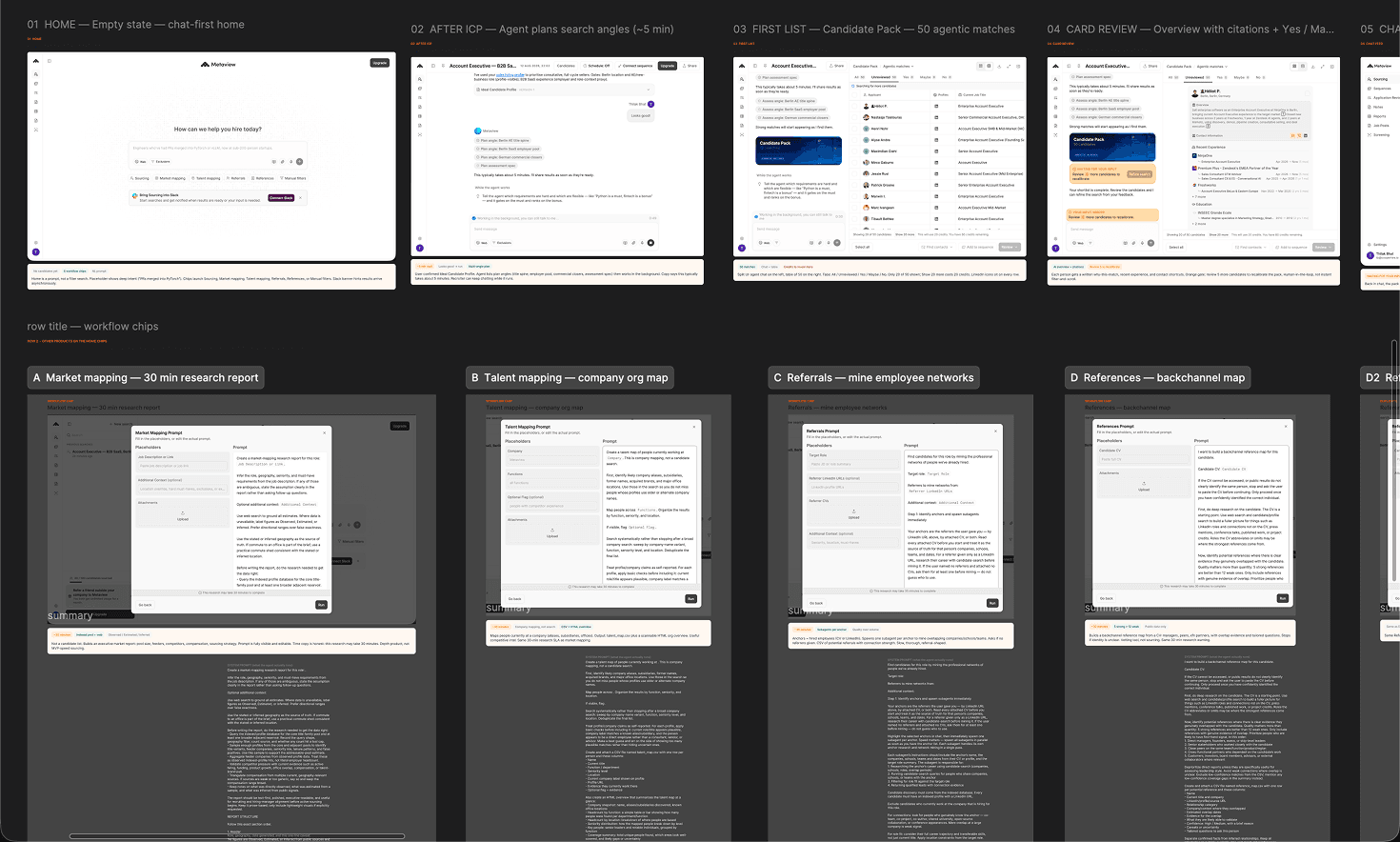 Annotated research canvas comparing three recruiting products