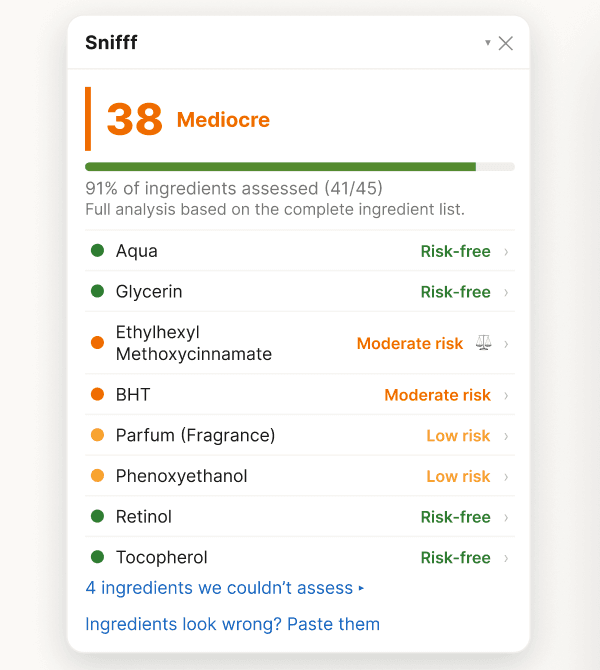 Snifff v0.1 wireframe: a 38 Mediocre score above a nearly full green bar, then a flat list of every ingredient with its risk label