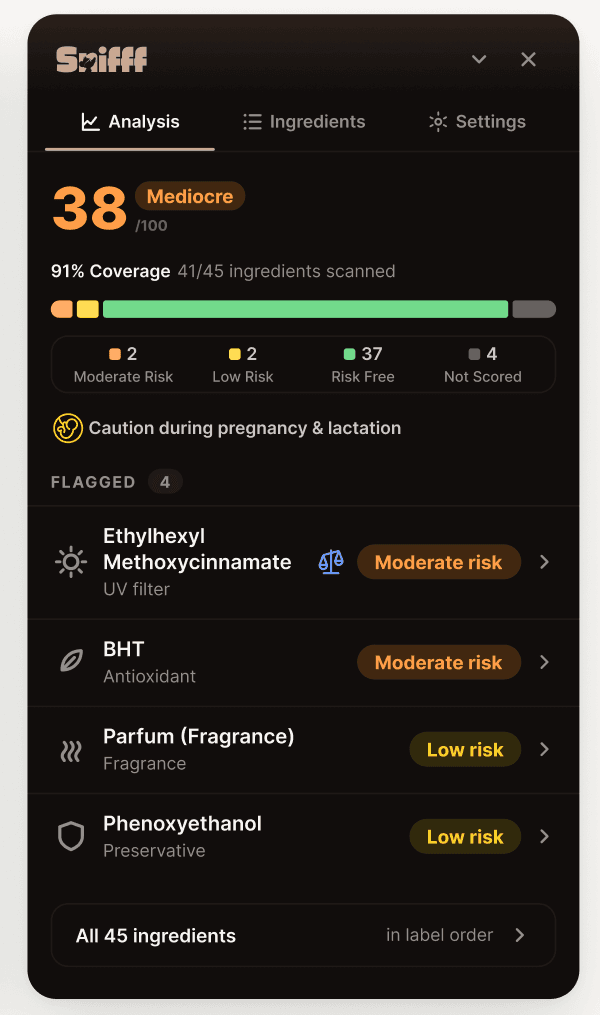 The same v0.4 analysis panel in the dark theme, with the risk colours re-derived rather than inverted