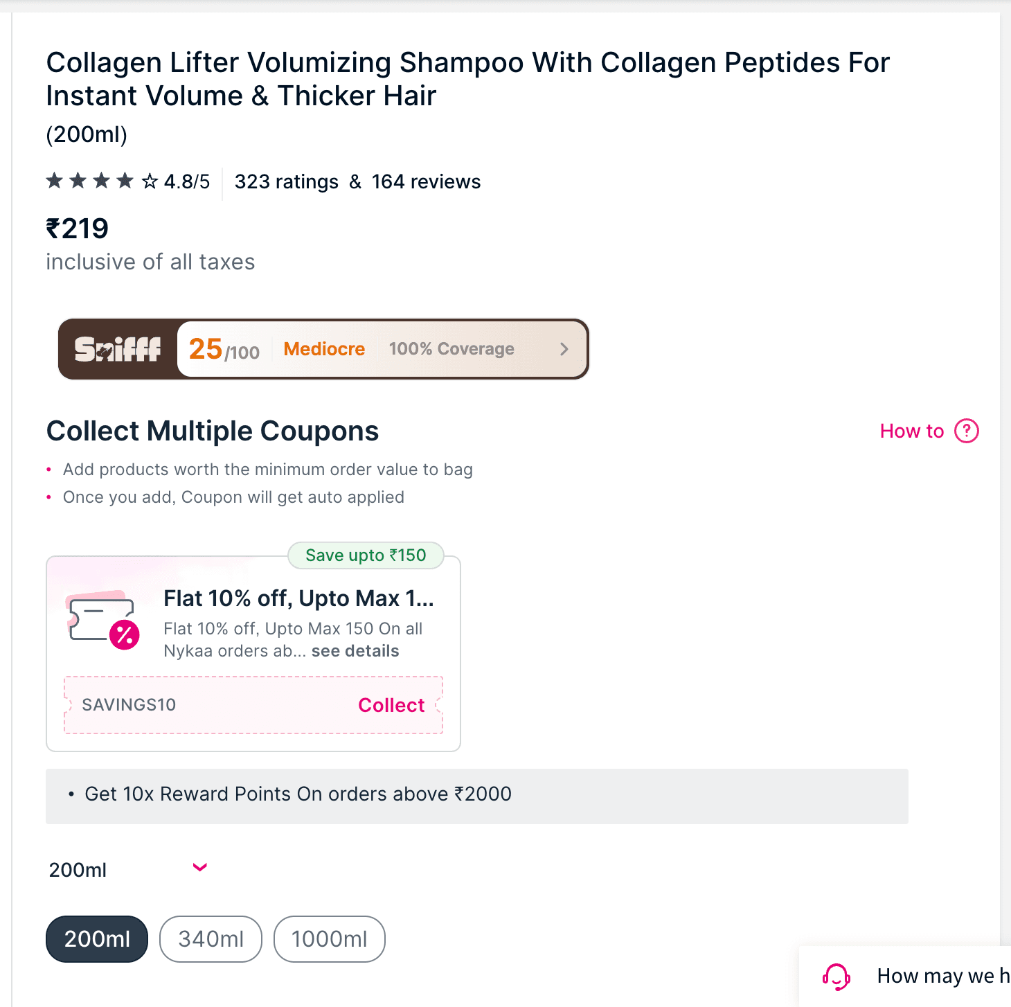 A Nykaa product page for a collagen shampoo with the Snifff score card placed below the price