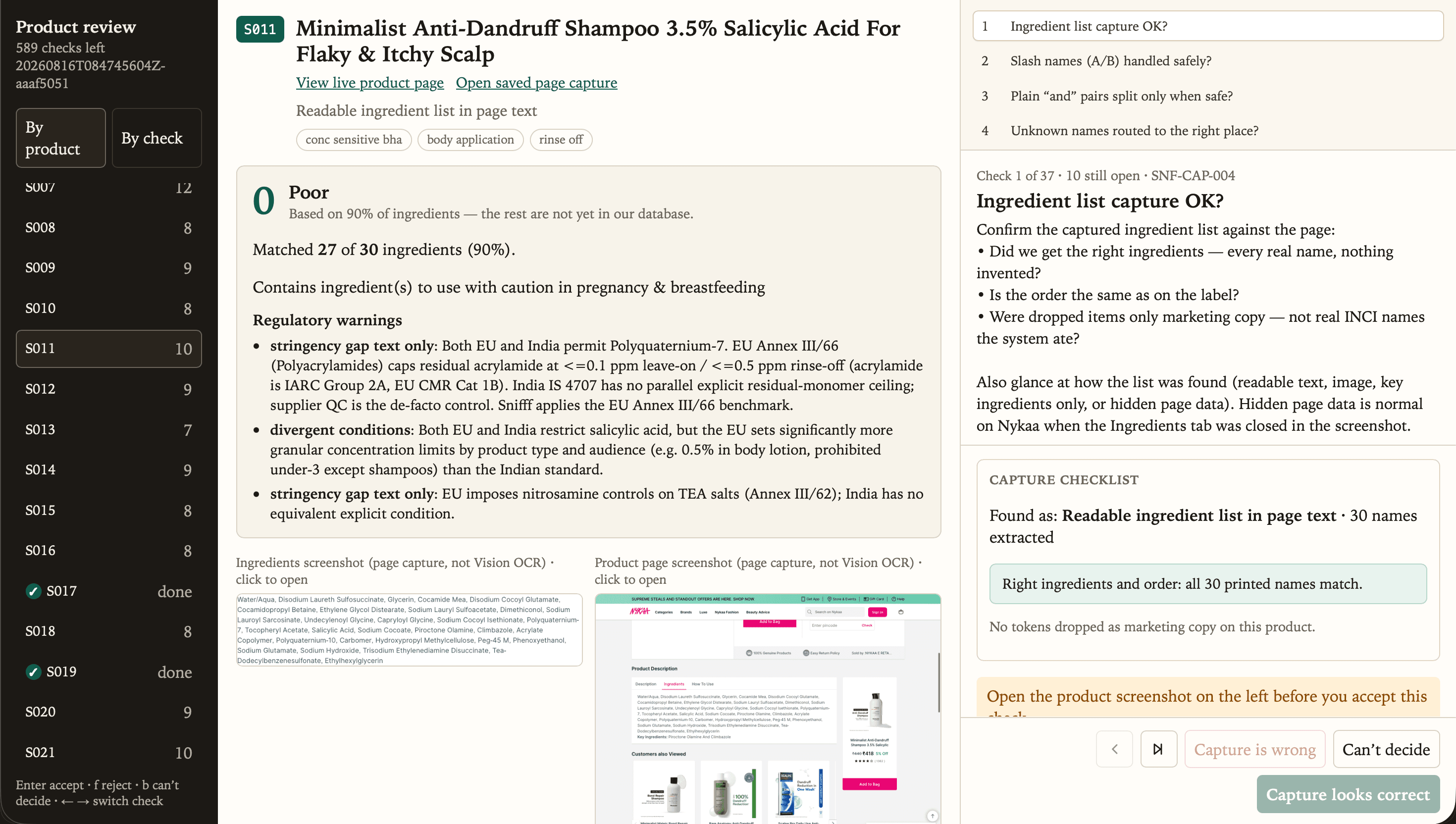 Internal Snifff product review workspace showing a PDP review queue, capture checklist and result validation