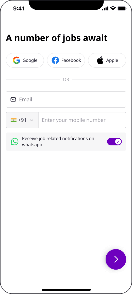 Sign-up screen headed 'A number of jobs await' with Google, Facebook and Apple, email and mobile number