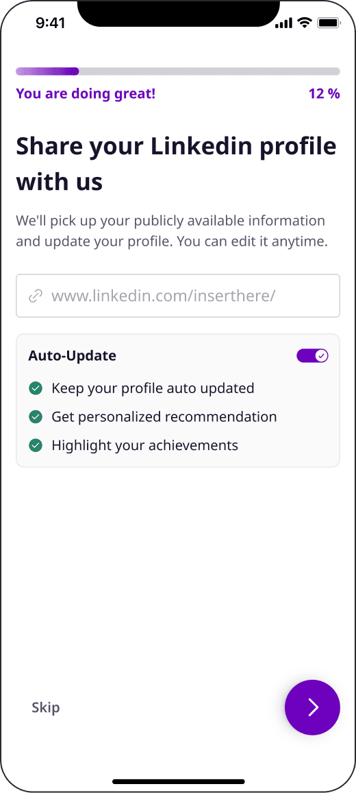 LinkedIn screen asking for a profile URL with an auto-update toggle, at 12% progress