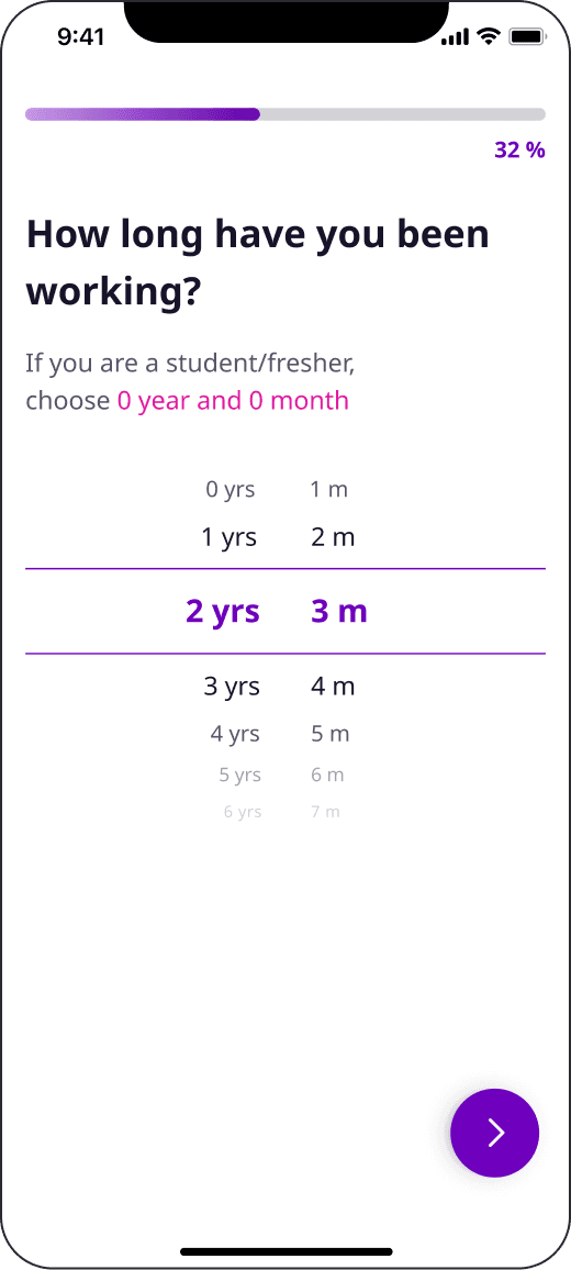 Experience question answered with a years and months scroll picker, at 32% progress