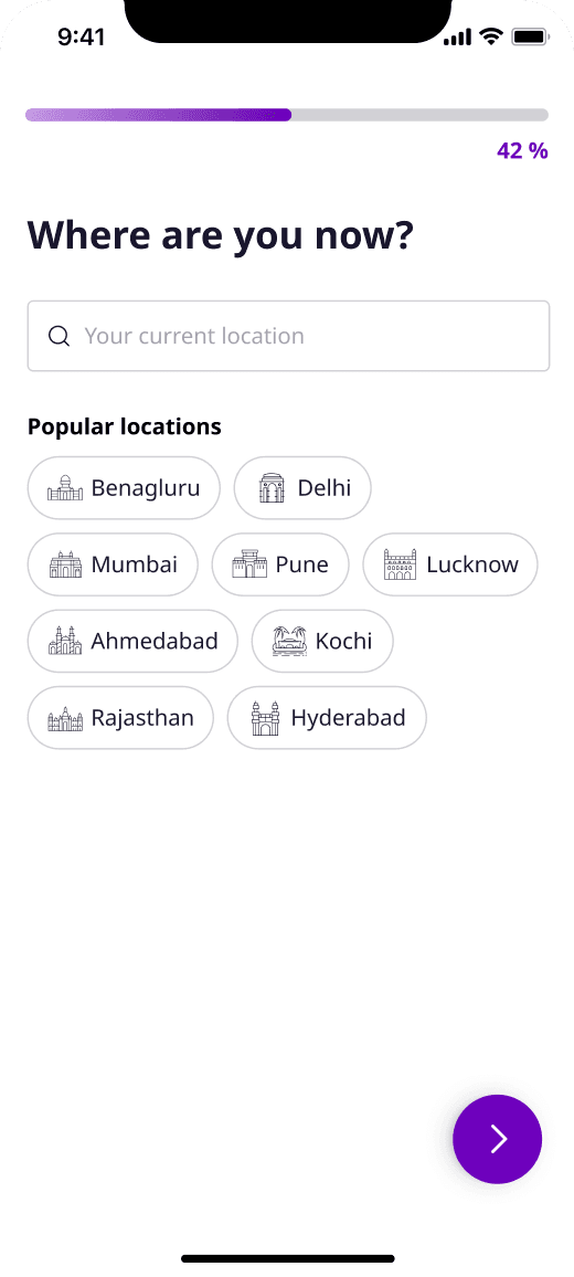 Current location screen with popular cities as chips, at 42% progress