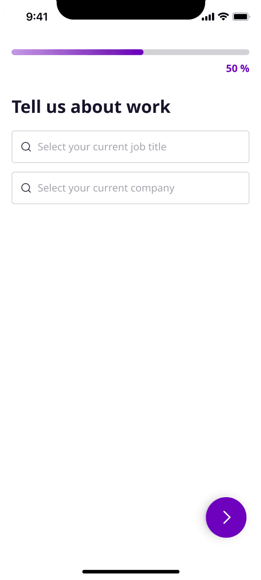 Work screen asking for current job title and company, at 50% progress