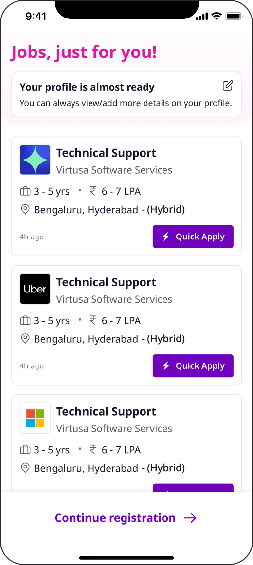 'Jobs, just for you' screen listing matching jobs with a note that the profile is almost ready