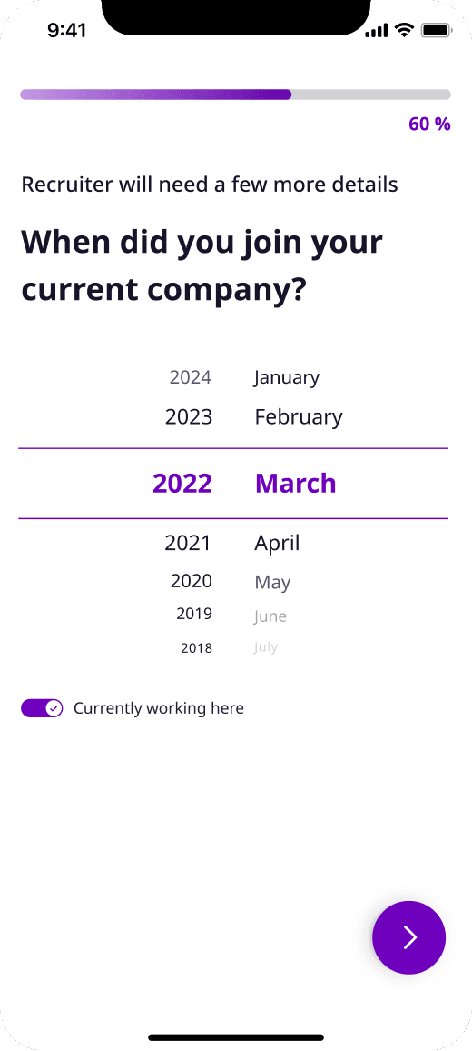 Screen asking when the candidate joined their current company, with a year and month picker