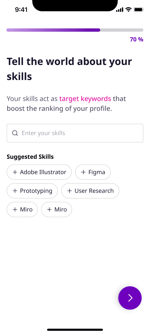 Skills screen with suggested skills as chips and an explanation that skills act as target keywords