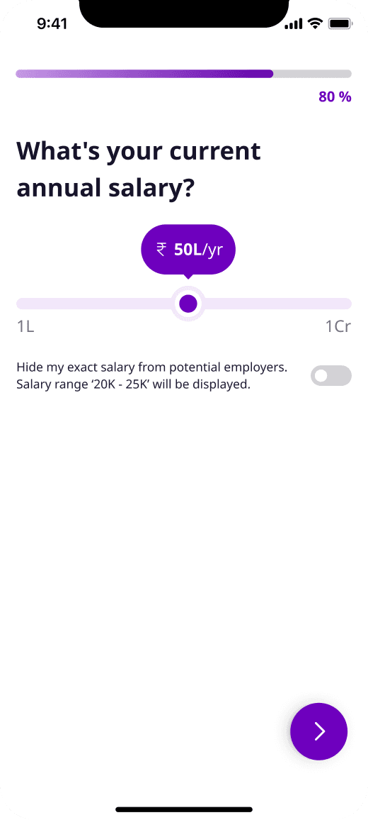 Salary screen with a slider and a toggle to hide the exact figure from employers