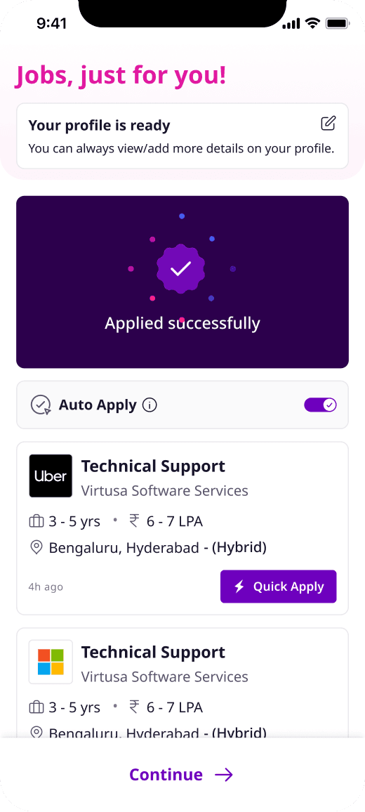 'Applied successfully' confirmation above more matching jobs and an Auto Apply toggle
