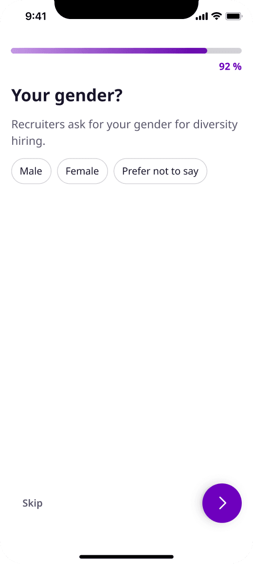 Gender screen explaining that recruiters ask for gender for diversity hiring, with a Skip option