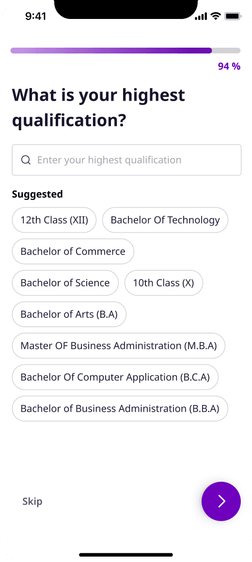 Highest qualification screen with suggested degrees as chips