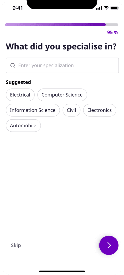 Specialisation screen with suggested fields as chips