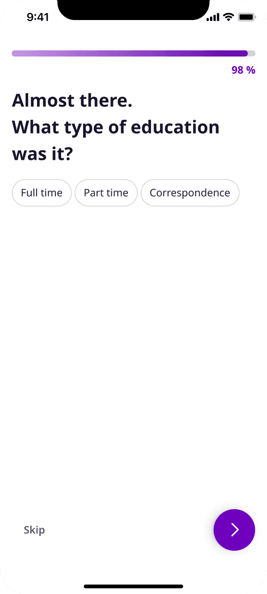 Education type as three chips: full time, part time, correspondence
