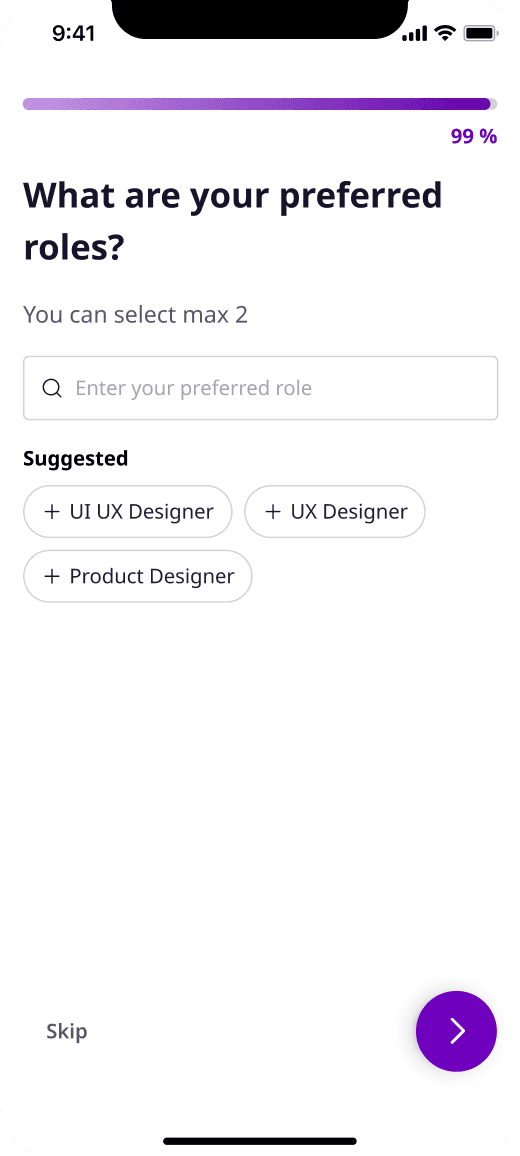 Preferred roles screen, up to two, with suggestions