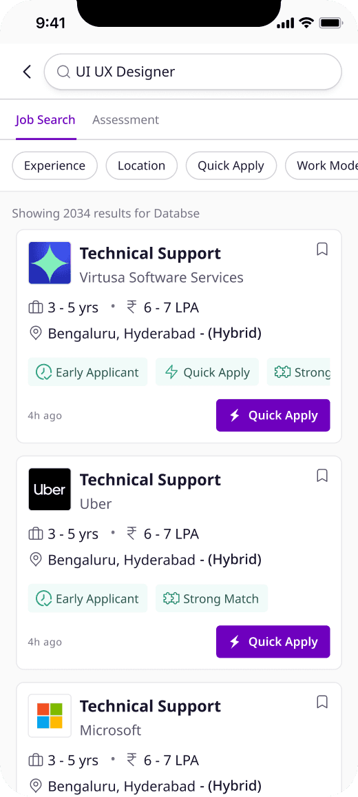 Job search results with filters and quick apply
