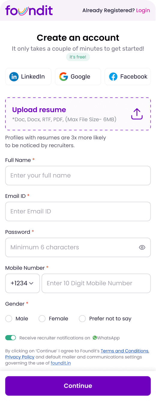 Old landing page with social sign-up, resume upload, name, email, password, phone, gender and a WhatsApp toggle on one screen