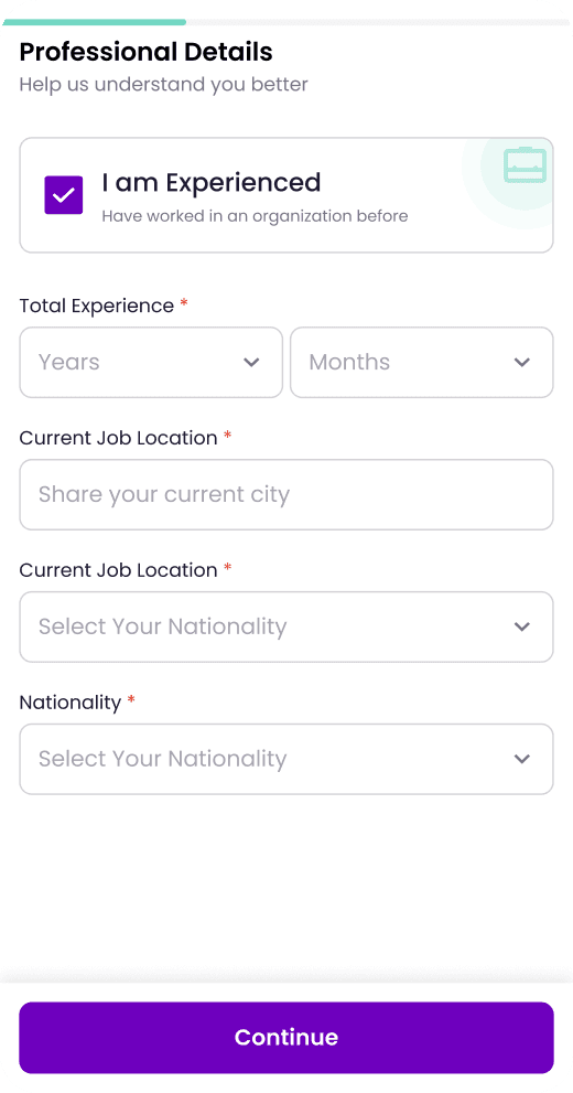 Old professional details screen with experience dropdowns, location and nationality