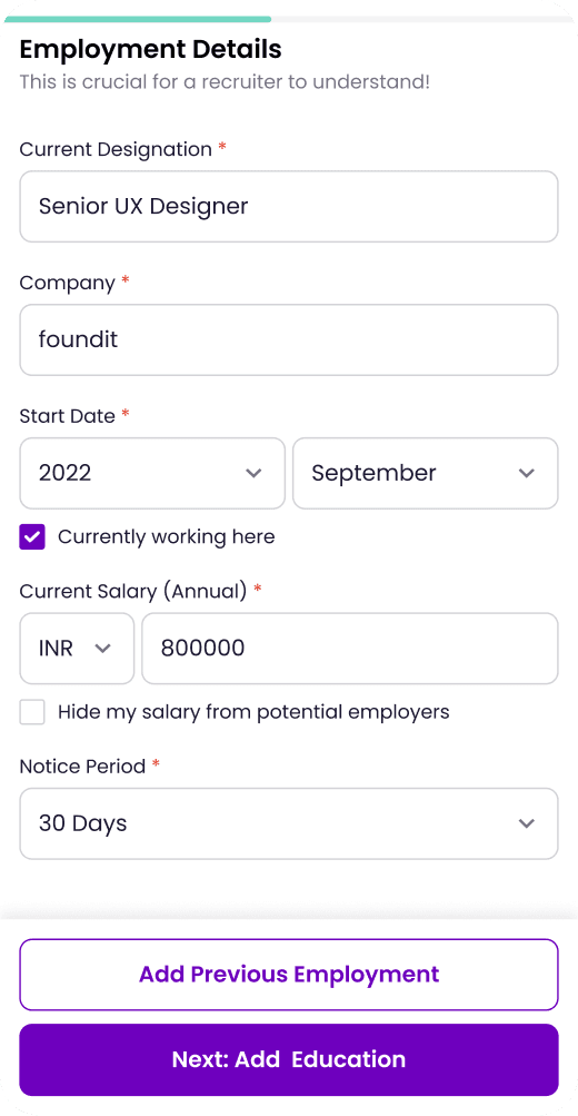 Old employment details form with designation, company, start date, salary and notice period