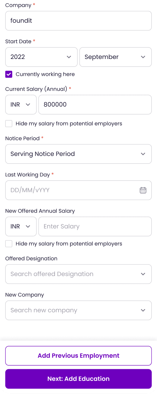 Old employment form expanded with last working day, offered salary, offered designation and new company