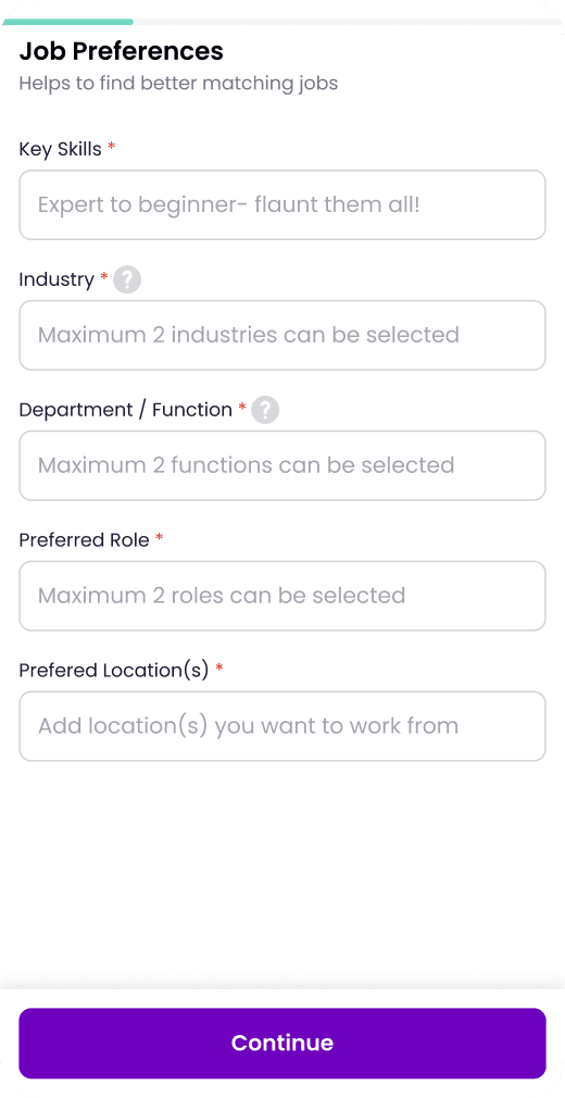 Old job preferences form asking for skills, industry, function, role and location