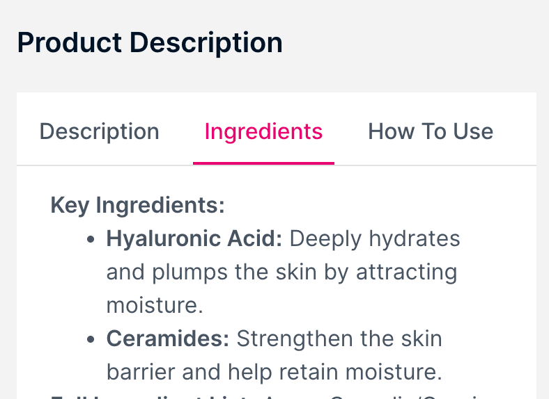A product description page showing key ingredients under the Ingredients tab