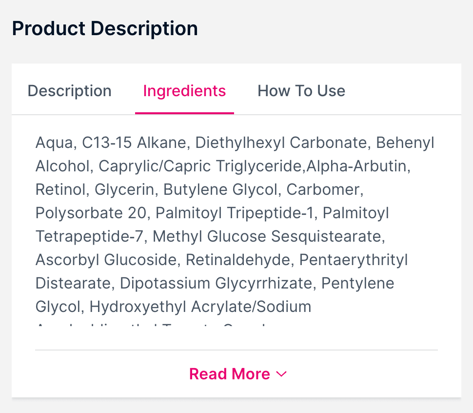 A product description page with the full ingredient list visible under the Ingredients tab