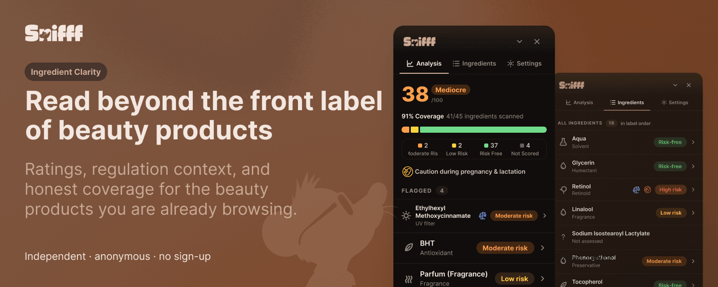 Snifff ingredient clarity analysis shown alongside a beauty product page