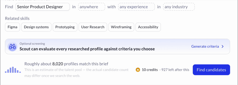 Search brief with the experience filter menu open